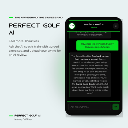 PERFECT GOLF AI app: the AI coach chat on a phone, with the line Feel more. Think less.
